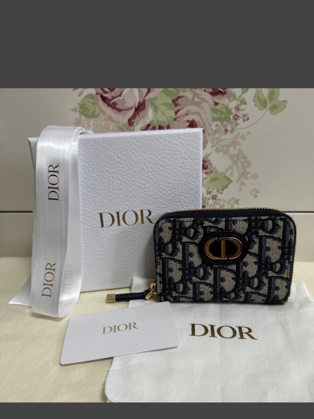 Dior Navy & Beige Oblique Zip Card/Coin Case Holder